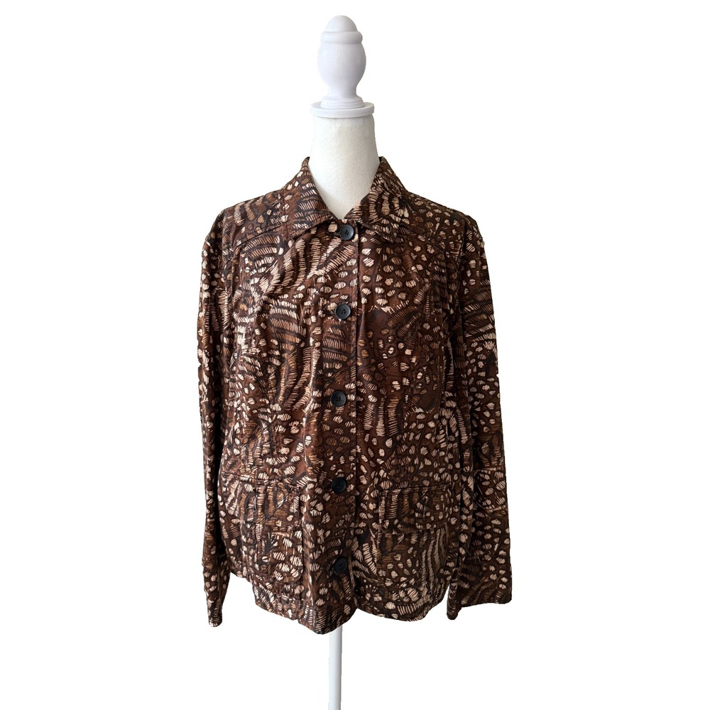 Chico's Brown Animal Abstract Print Button‎ Front Jacket Size 2 L Cotton Stretch